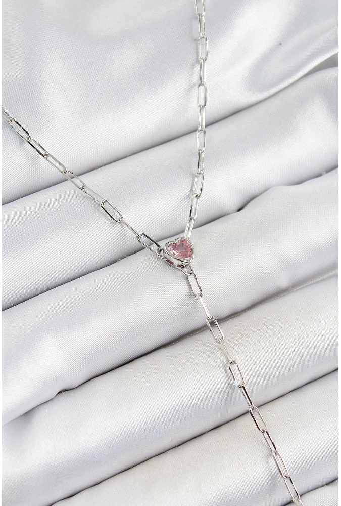 Shoecide Pirinç Zirkon Taşlı Pembe Kalp Figürlü Y Model Gümüş Renk Kadın Kolye