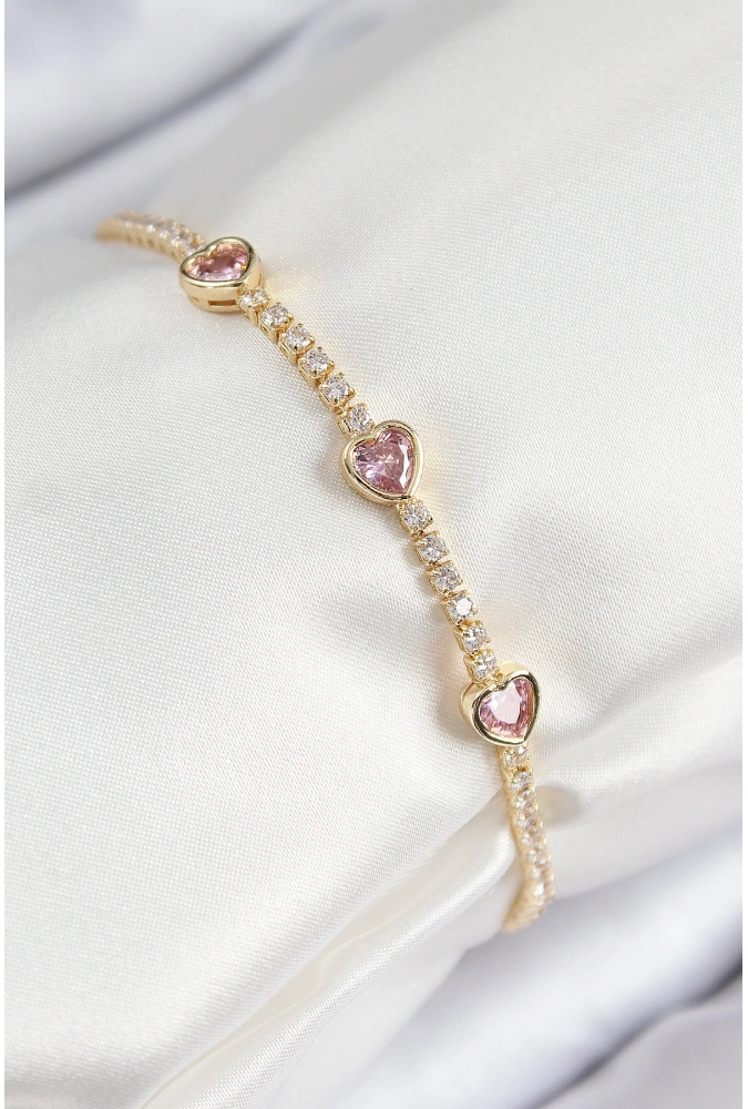 Shoecide Pirinç Zirkon Taşlı Pembe Kalp Model Gold Renk Kadın Bileklik