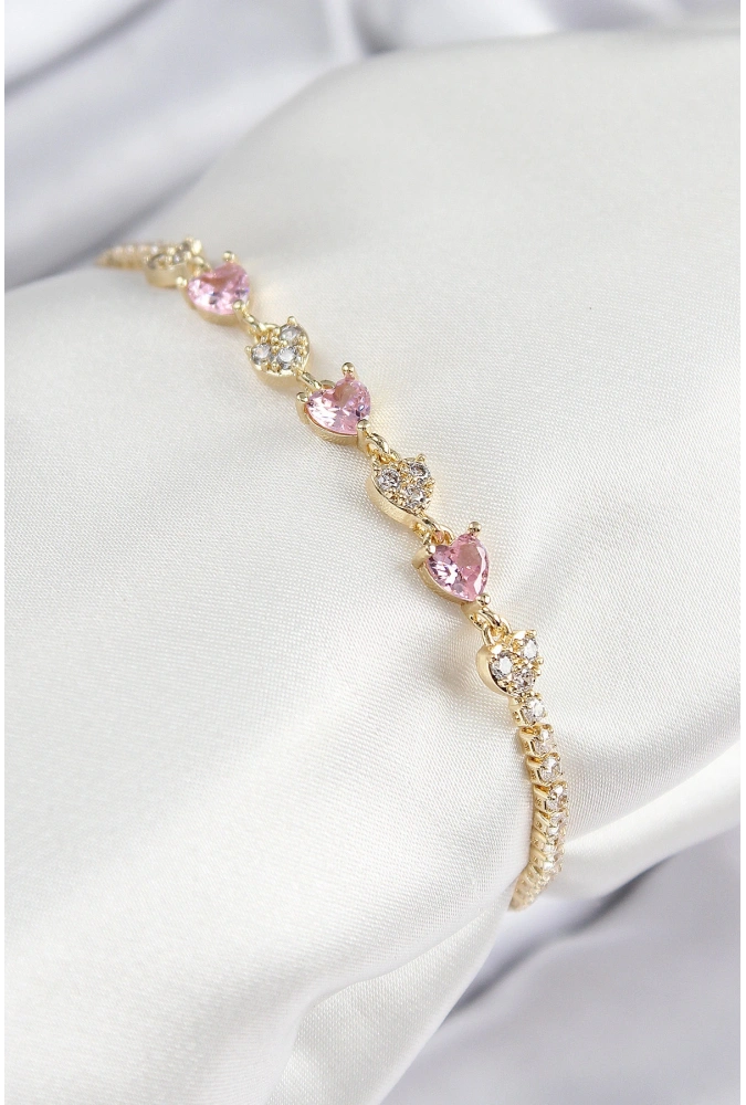 Shoecide Pirinç Zirkon Taşlı Pembe Kalp Model Gold Renk Kadın Bileklik