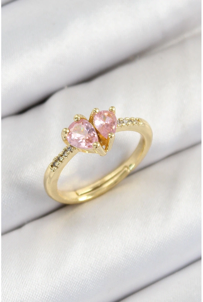 Shoecide Pirinç Zirkon Taşlı Pembe Kalp Model Gold Renk Kadın Yüzük