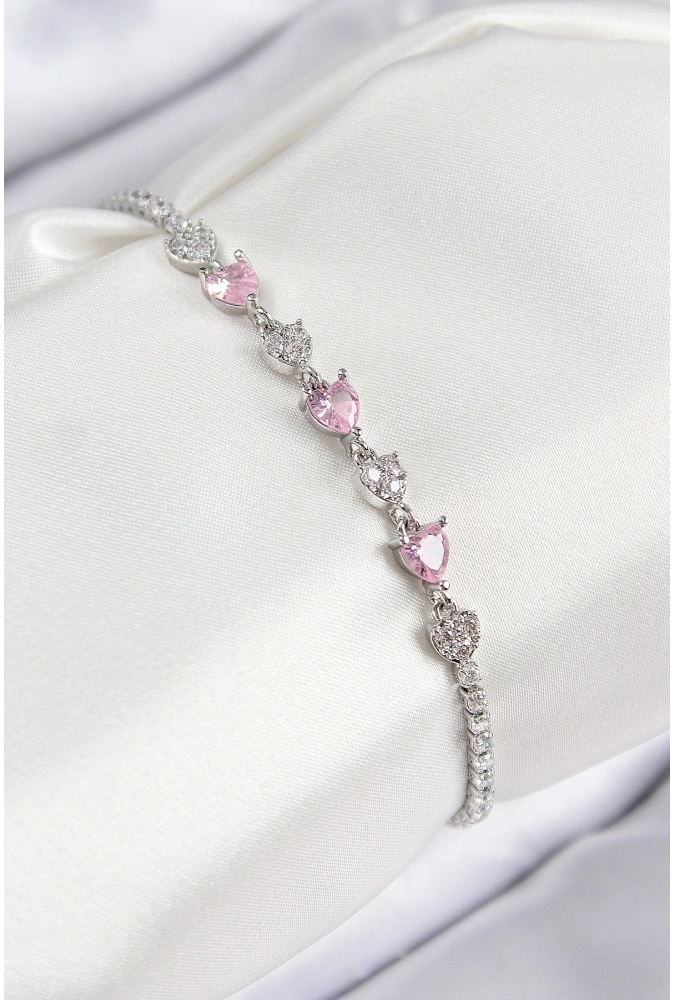 Shoecide Pirinç Zirkon Taşlı Pembe Kalp Model Gümüş Renk Kadın Bileklik