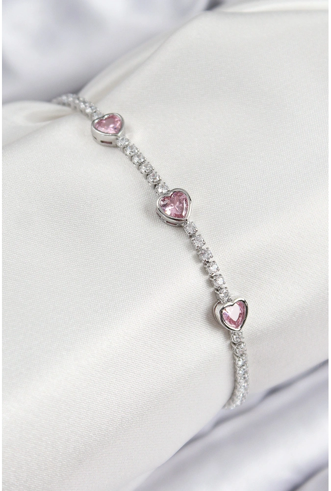 Shoecide Pirinç Zirkon Taşlı Pembe Kalp Model Gümüş Renk Kadın Bileklik