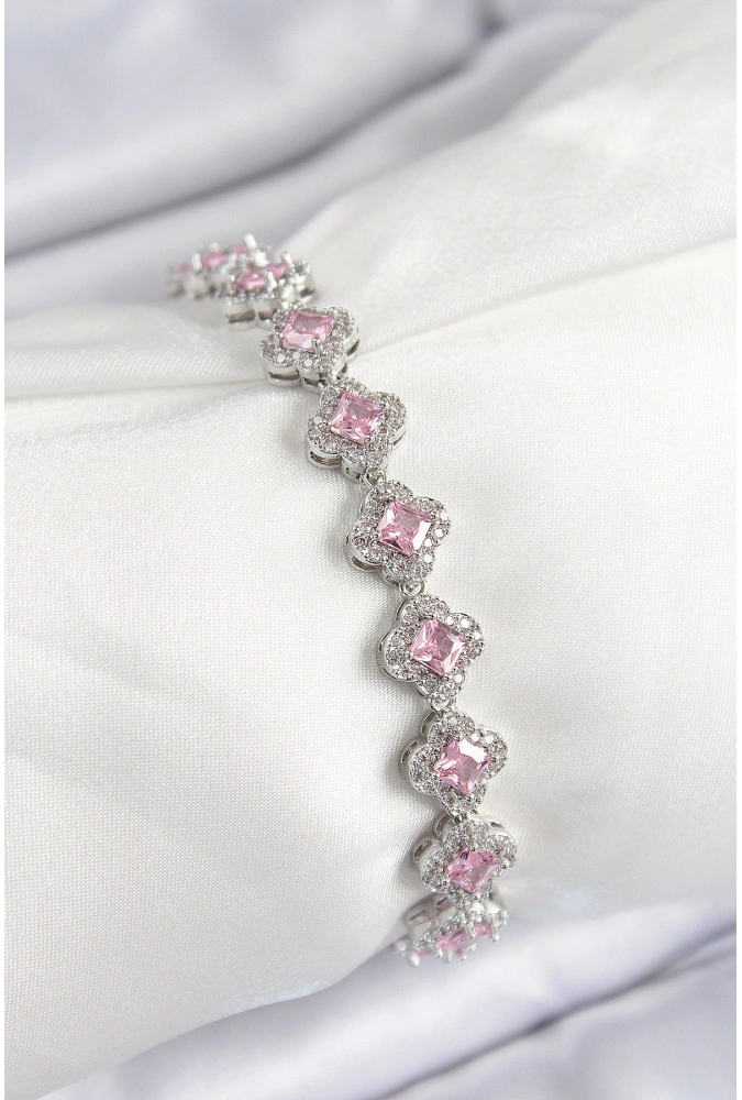 Shoecide Pirinç Zirkon Taşlı Pembe Yonca Baget Model Gümüş Renk Vıp Seri Kadın Bileklik