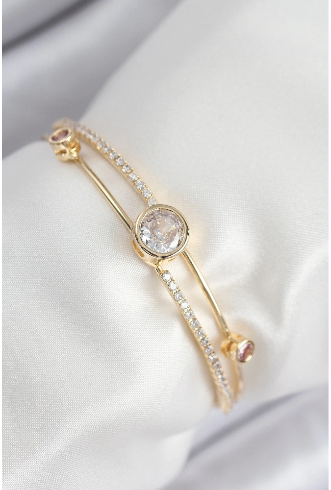 Shoecide Pirinç Zirkon Taşlı Pırlanta Model Gold Renk Kadın Bileklik