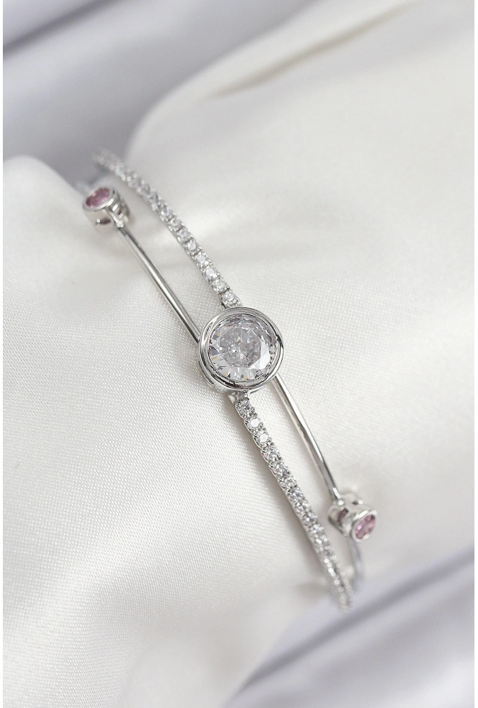 Shoecide Pirinç Zirkon Taşlı Pırlanta Model Gümüş Renk Kadın Bileklik