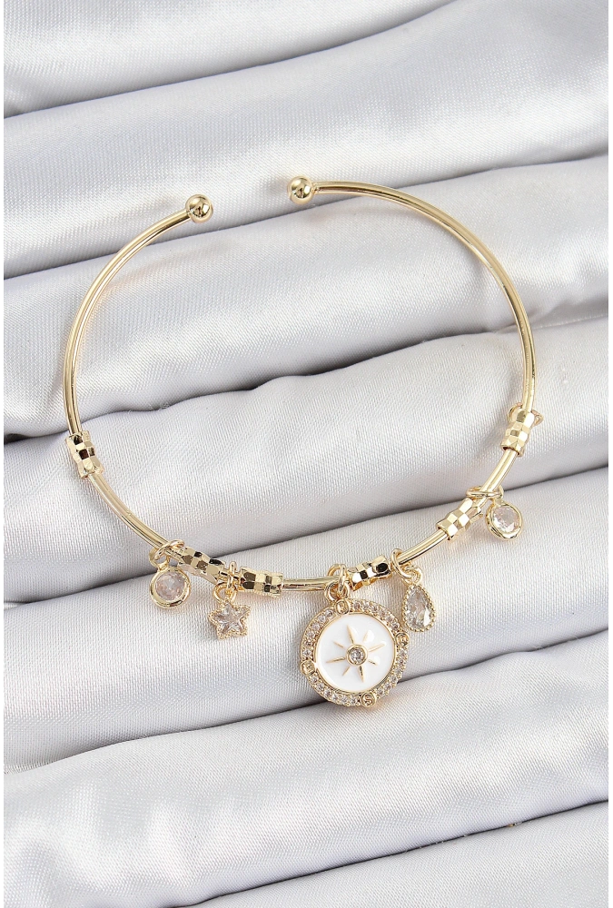 Shoecide Pirinç Zirkon Taşlı Pusula Model Gold Renk Charm Bileklik