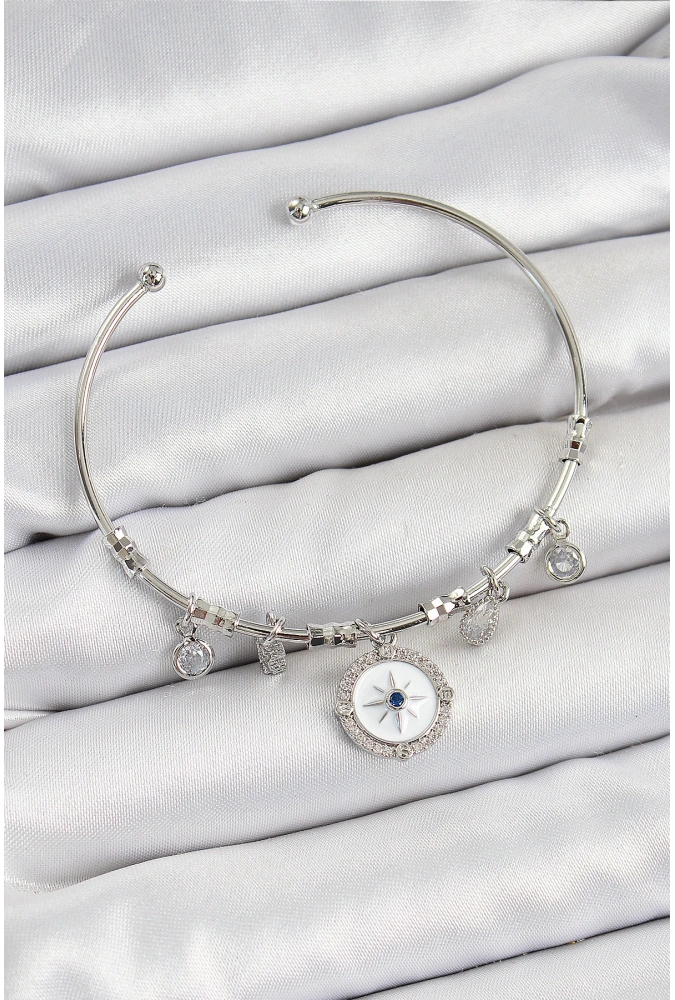 Shoecide Pirinç Zirkon Taşlı Pusula Model Gümüş Renk Charm Bileklik