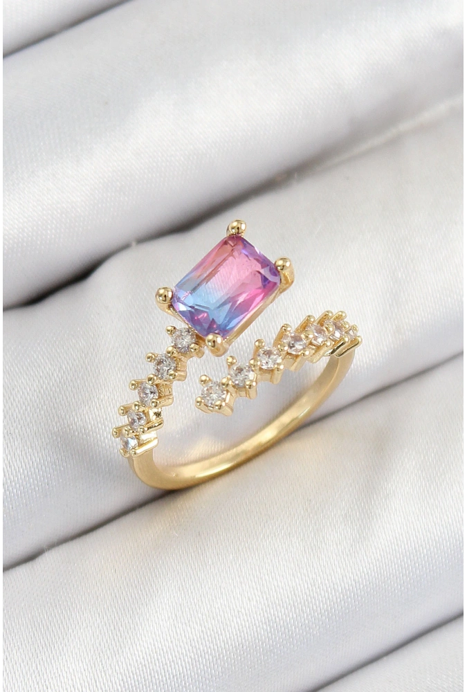 Shoecide Pirinç Zirkon Taşlı Renkli Model Gold Renk Kadın Yüzük