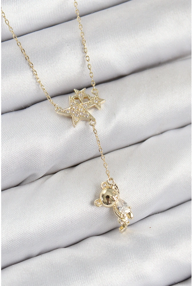 Shoecide Pirinç Zirkon Taşlı Sallantılı Ayıcıklı Yıldız Model Gold Renk Kadın Kolye