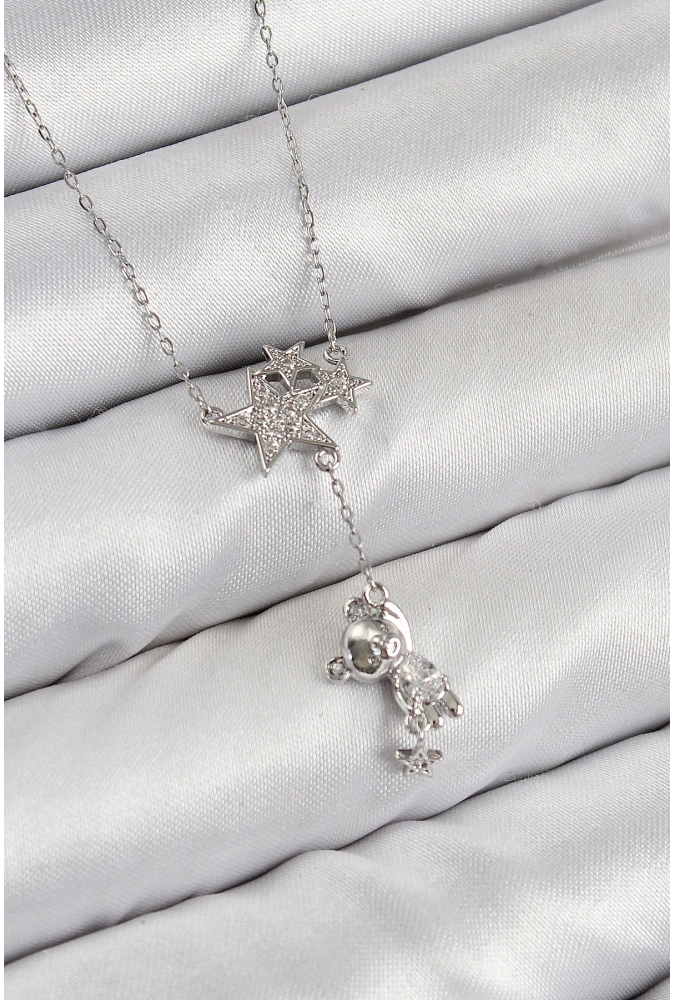 Shoecide Pirinç Zirkon Taşlı Sallantılı Ayıcıklı Yıldız Model Gümüş Renk Kadın Kolye