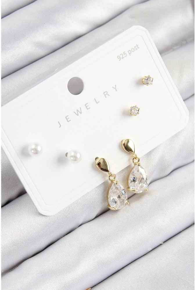 Shoecide Pirinç Zirkon Taşlı Sallantılı Damla Model Gold Renk 925 Ayar Gümüş Çivi Kadın Küpe Set