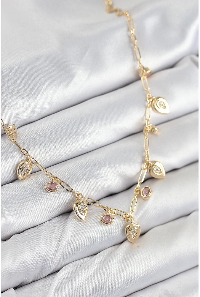 Shoecide Pirinç Zirkon Taşlı Sallantılı Damla Model Gold Renk Kadın Kolye