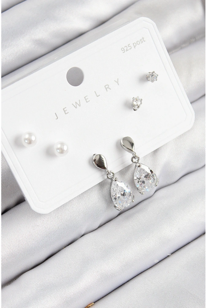 Shoecide Pirinç Zirkon Taşlı Sallantılı Damla Model Gümüş Renk 925 Ayar Gümüş Çivi Kadın Küpe Set