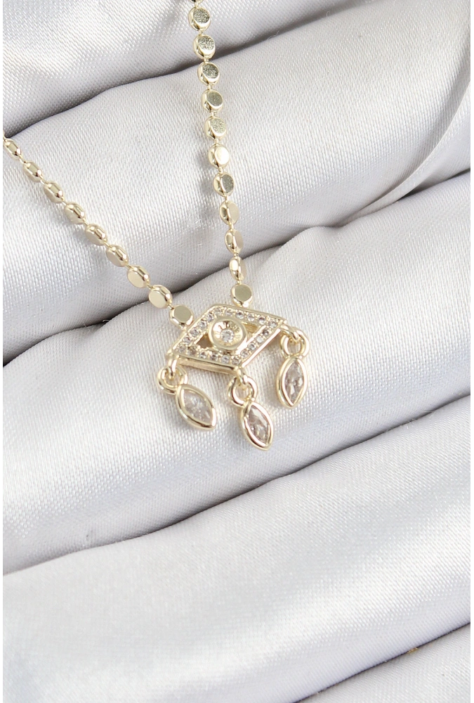 Shoecide Pirinç Zirkon Taşlı Sallantılı Göz Model Ezme Zincir Gold Renk Kadın Kolye