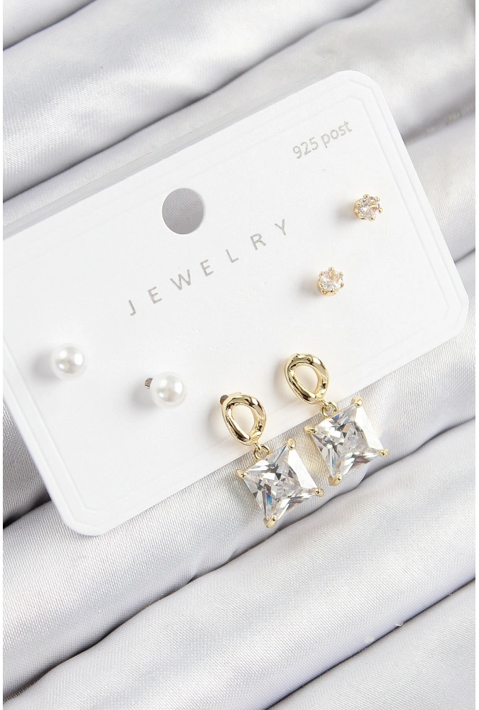 Shoecide Pirinç Zirkon Taşlı Sallantılı Kare Model Gold Renk 925 Ayar Gümüş Çivi Kadın Küpe Set