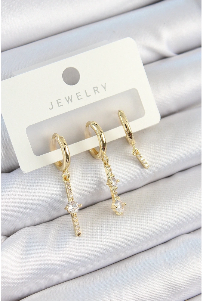 Shoecide Pirinç Zirkon Taşlı Sallantılı Model Gold Renk 3lü Çift Kadın Küpe Set