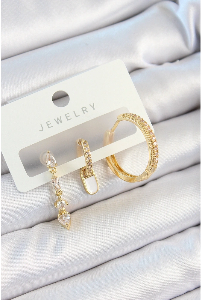 Shoecide Pirinç Zirkon Taşlı Sallantılı Model Gold Renk 3lü Çift Kadın Küpe Set