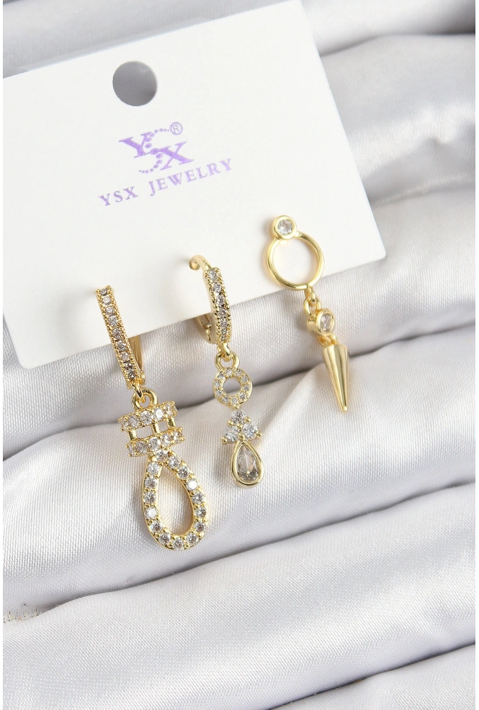 Shoecide Pirinç Zirkon Taşlı Sallantılı Model Gold Renk 3lü Kadın Küpe