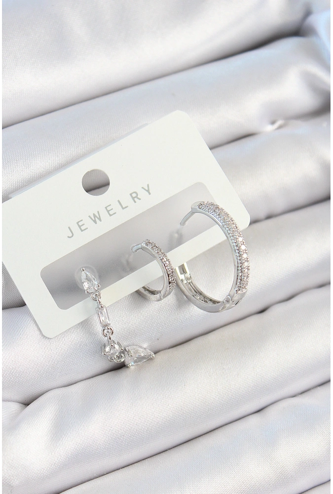 Shoecide Pirinç Zirkon Taşlı Sallantılı Model Gümüş Renk 3lü Çift Kadın Küpe Set