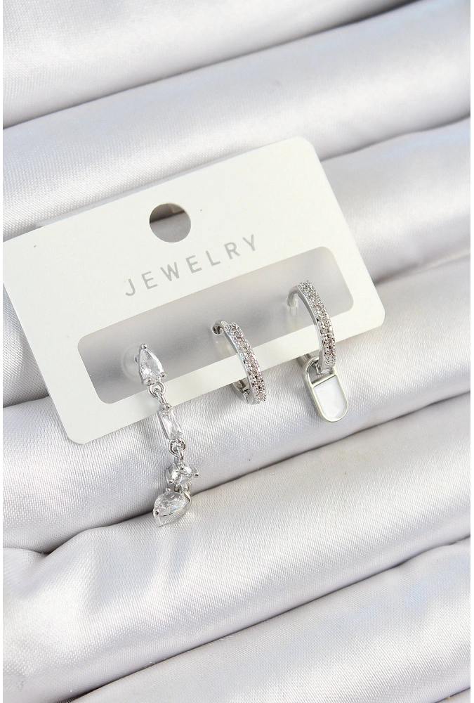 Shoecide Pirinç Zirkon Taşlı Sallantılı Model Gümüş Renk 3lü Çift Kadın Küpe Set