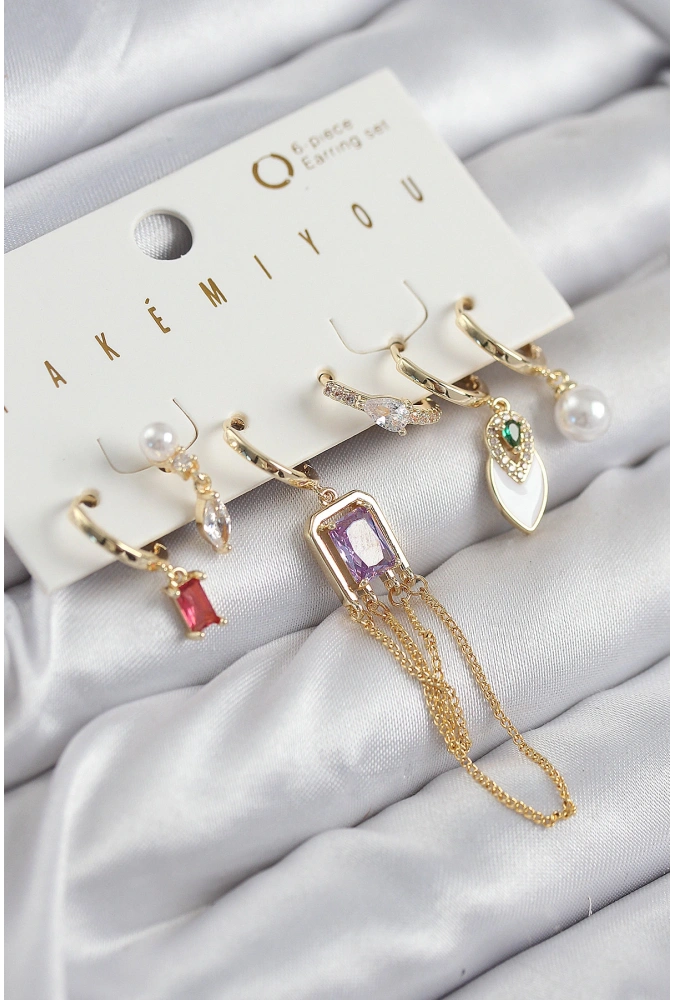 Shoecide Pirinç Zirkon Taşlı Sallantılı Ve İncili Gold Renk 6lı Küpe Set