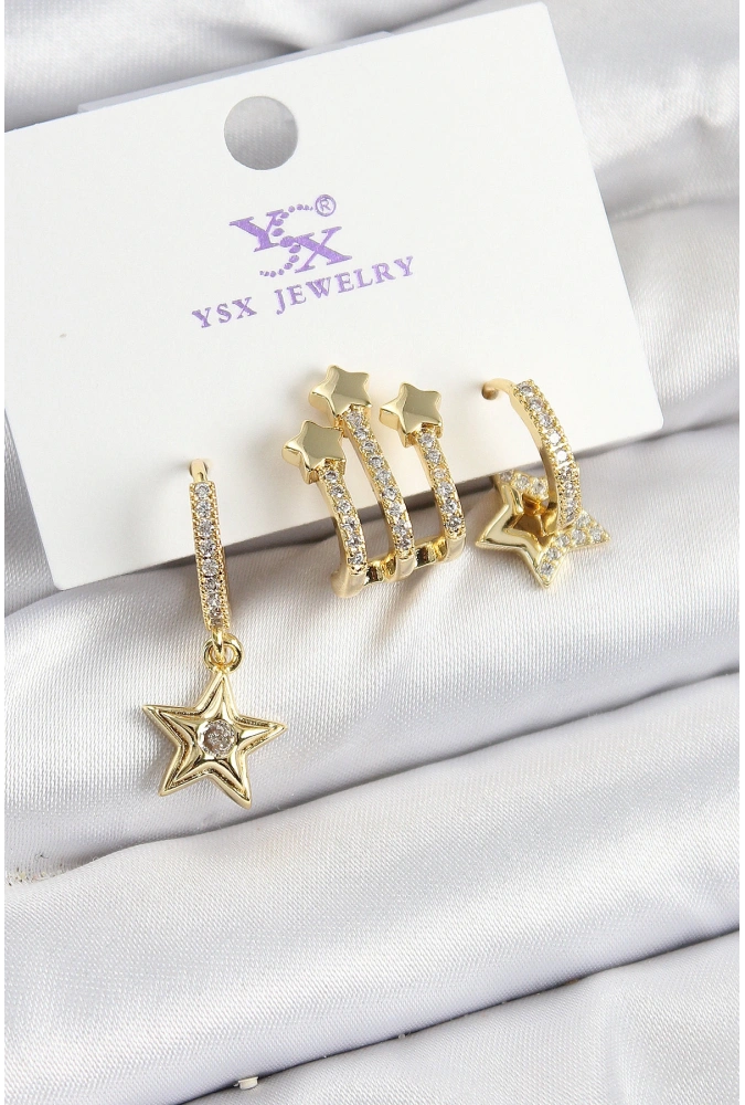 Shoecide Pirinç Zirkon Taşlı Sallantılı Yıldız Model Gold Renk 3lü Kadın Küpe