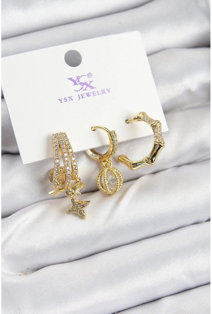 Shoecide Pirinç Zirkon Taşlı Sallantılı Yıldız Model Gold Renk 3lü Kadın Küpe