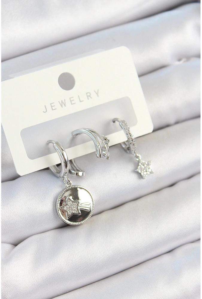 Shoecide Pirinç Zirkon Taşlı Sallantılı Yıldız Model Gümüş Renk 3lü Çift Kadın Küpe Set