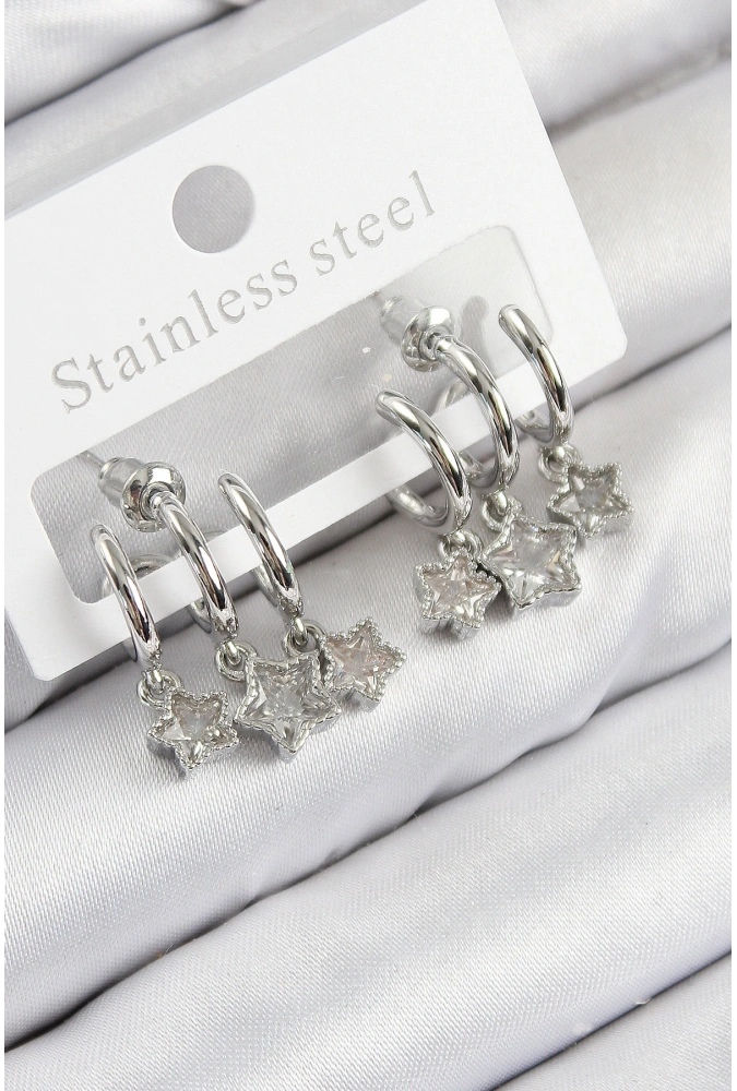 Shoecide Pirinç Zirkon Taşlı Sallantılı Yıldız Model Gümüş Renk Kadın Küpe