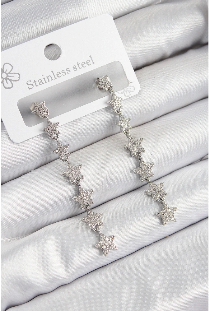 Shoecide Pirinç Zirkon Taşlı Sallantılı Yıldız Model Gümüş Renk Kadın Küpe