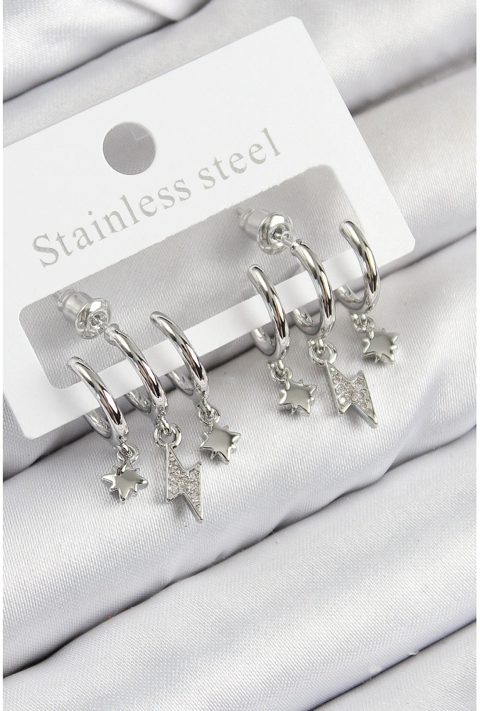 Shoecide Pirinç Zirkon Taşlı Şimşek Model Gümüş Renk Kadın Küpe