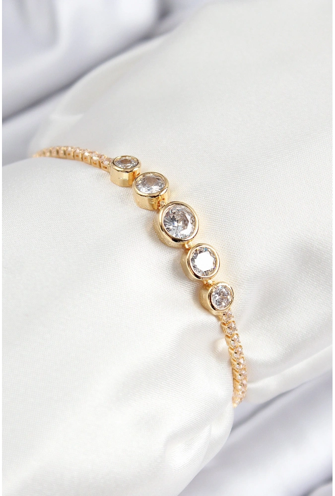 Shoecide Pirinç Zirkon Taşlı Sıralı Daire Model Gold Renk Asansörlü Kadın Bileklik