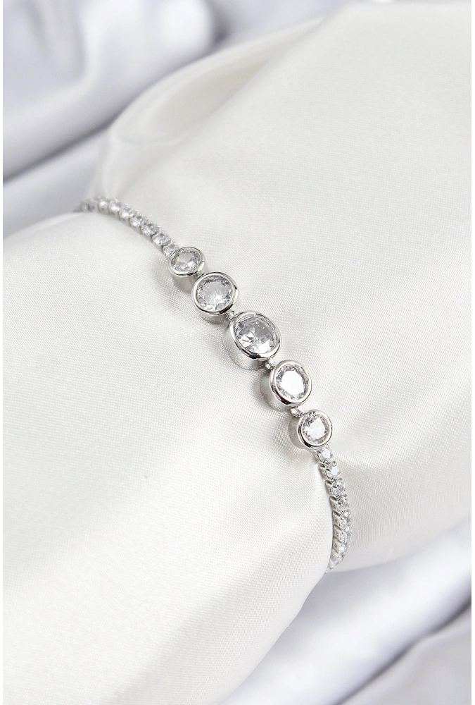 Shoecide Pirinç Zirkon Taşlı Sıralı Daire Model Gümüş Renk Asansörlü Kadın Bileklik