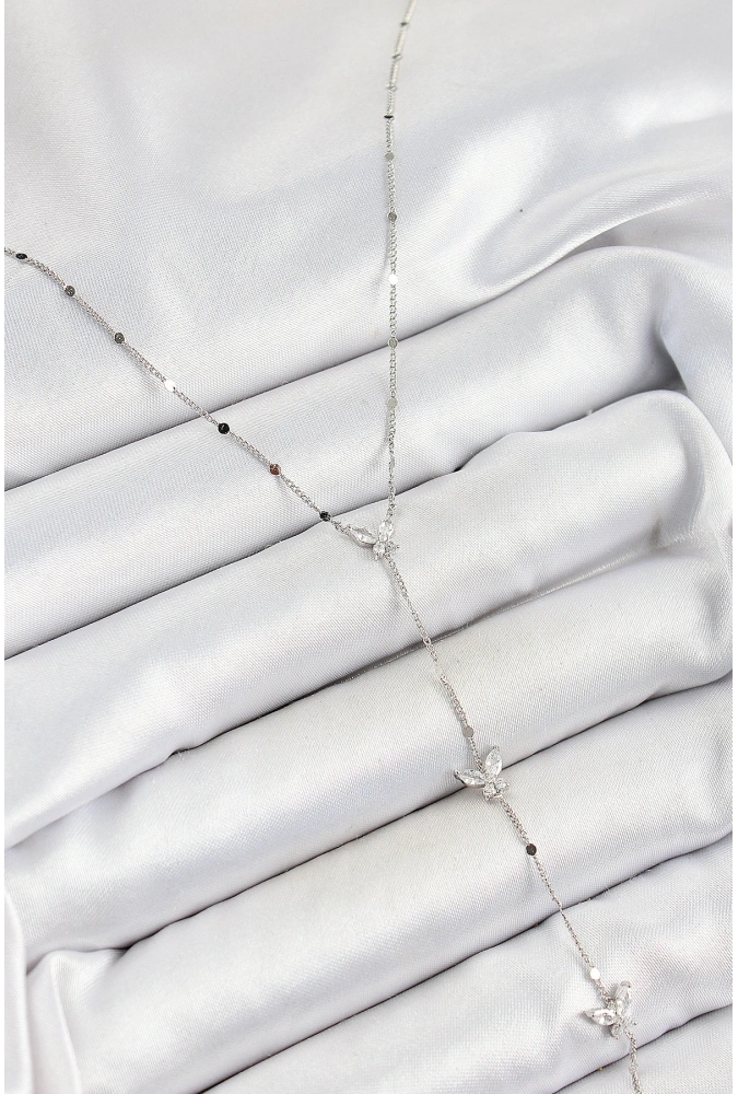 Shoecide Pirinç Zirkon Taşlı Sıralı Kelebek Figürlü Y Model Gümüş Renk Kadın Kolye