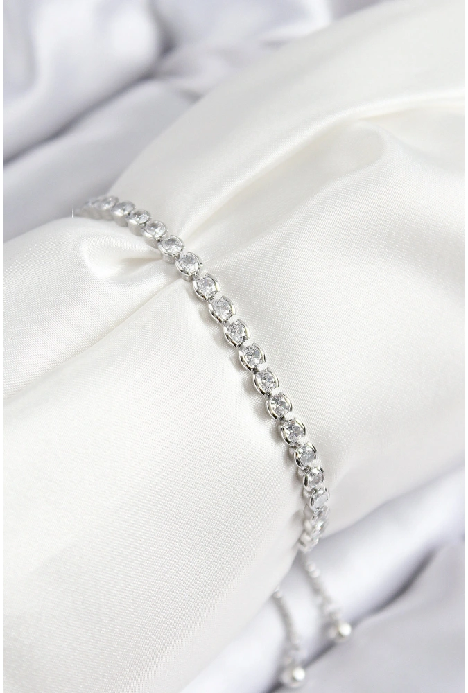 Shoecide Pirinç Zirkon Taşlı Sıralı Model Gümüş Renk Asansörlü Kadın Bileklik