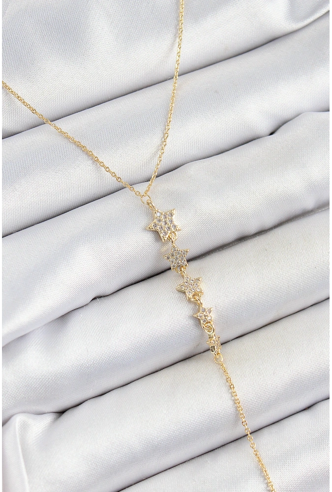 Shoecide Pirinç Zirkon Taşlı Sıralı Yıldız Figürlü Y Model Gold Renk Kadın Kolye