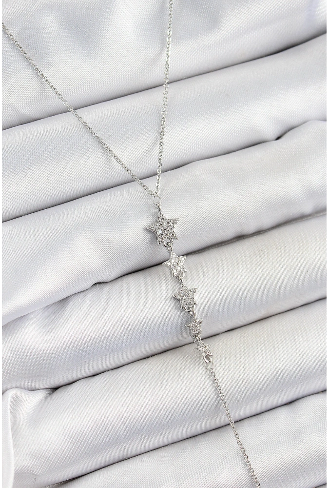 Shoecide Pirinç Zirkon Taşlı Sıralı Yıldız Figürlü Y Model Gümüş Renk Kadın Kolye