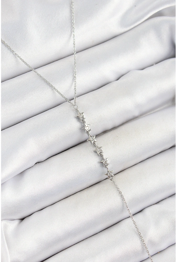 Shoecide Pirinç Zirkon Taşlı Sıralı Yıldız Figürlü Y Model Gümüş Renk Kadın Kolye