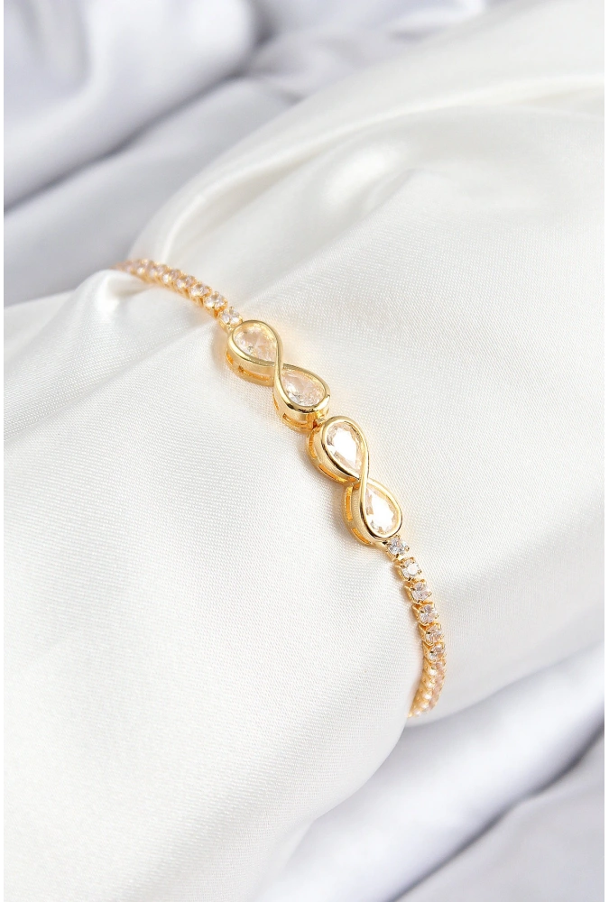 Shoecide Pirinç Zirkon Taşlı Sonsuzluk Model Gold Renk Asansörlü Kadın Bileklik