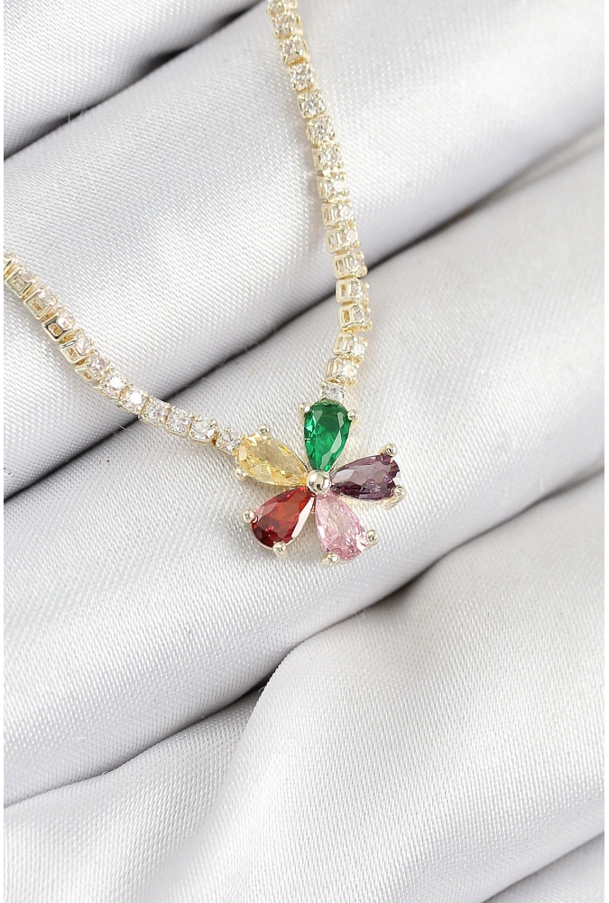 Shoecide Pirinç Zirkon Taşlı Su Yolu Asorti Çiçek Model Gold Renk Kadın Kolye