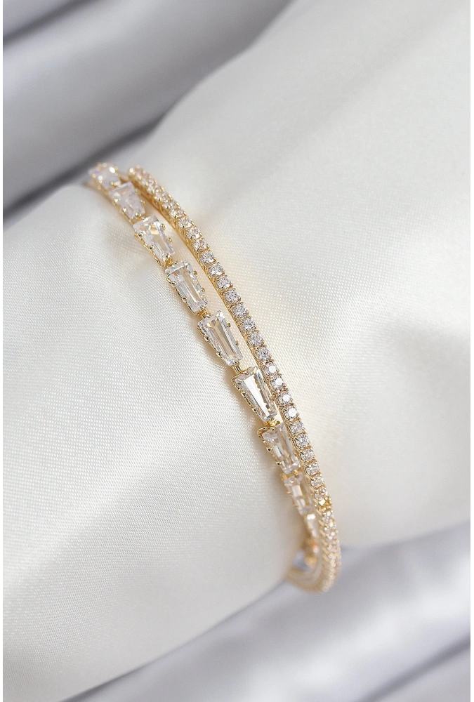 Shoecide Pirinç Zirkon Taşlı Su Yolu Model Gold Renk Kadın Bileklik