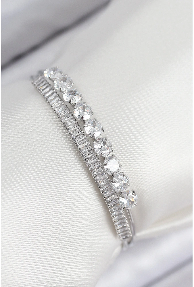 Shoecide Pirinç Zirkon Taşlı Su Yolu Model Gümüş Renk Kadın Bileklik