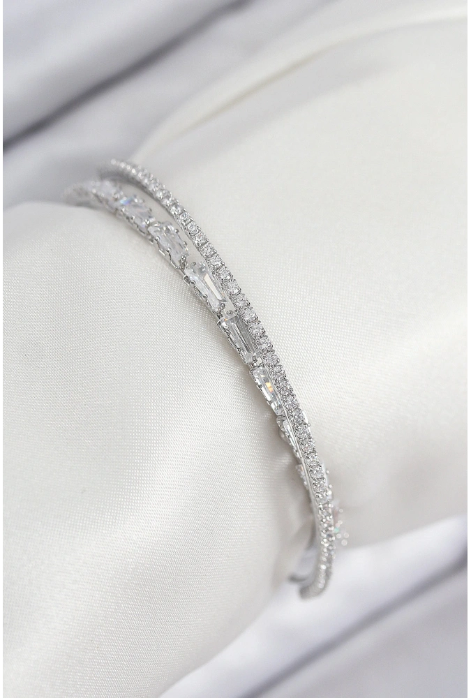 Shoecide Pirinç Zirkon Taşlı Su Yolu Model Gümüş Renk Kadın Bileklik