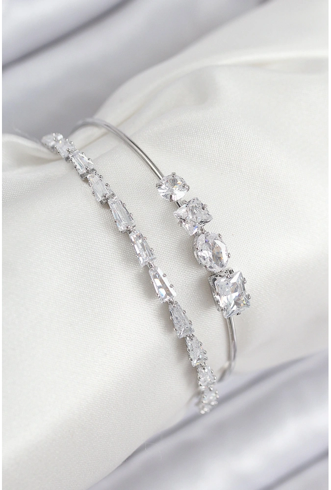 Shoecide Pirinç Zirkon Taşlı Su Yolu Model Gümüş Renk Kadın Bileklik