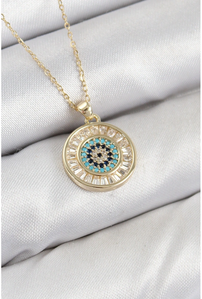 Shoecide Pirinç Zirkon Taşlı Su Yolu Nazar Model Gold Renk Kadın Kolye