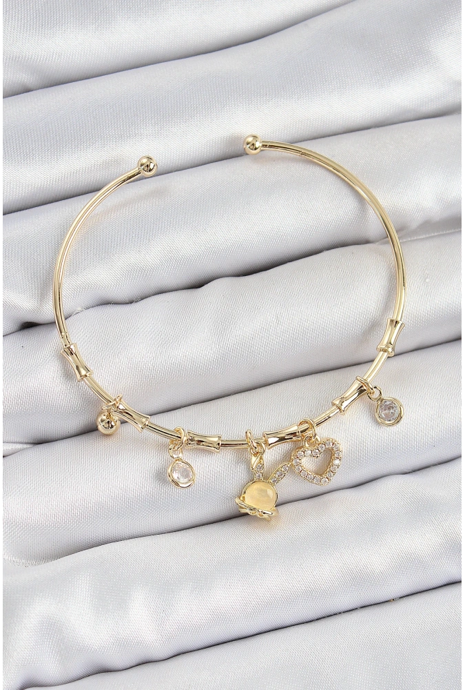 Shoecide Pirinç Zirkon Taşlı Tavşan Ve Kalp Model Gold Renk Charm Bileklik