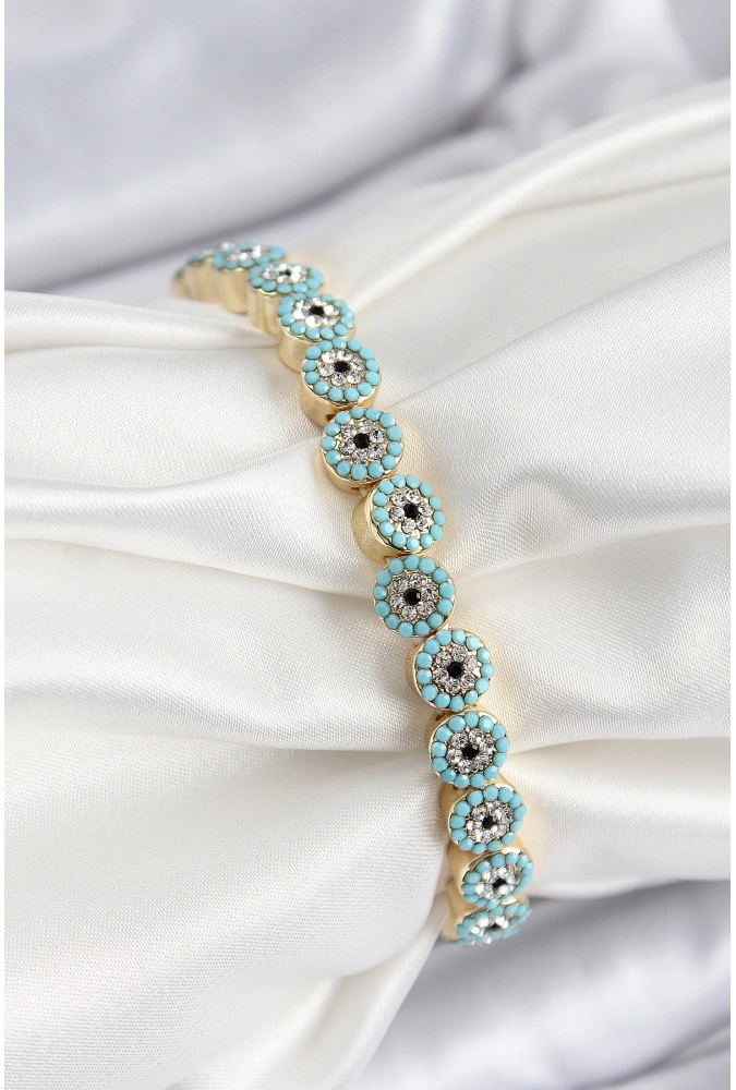 Shoecide Pirinç Zirkon Taşlı Turkuaz Nazar Model Gold Renk Lastikli Kadın Bileklik