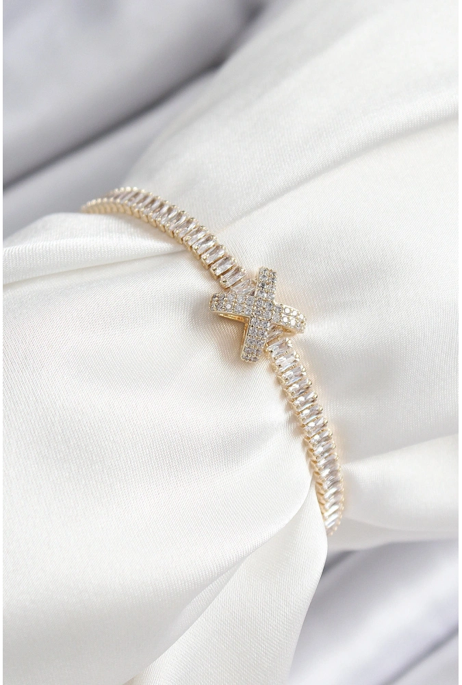 Shoecide Pirinç Zirkon Taşlı X Detaylı Su Yolu Model Gold Renk Asansörlü Kadın Bileklik