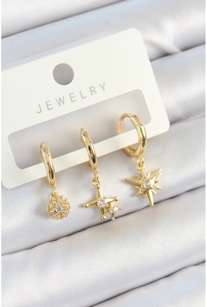 Shoecide Pirinç Zirkon Taşlı Yıldız Model Gold Renk 3lü Çift Kadın Küpe Set