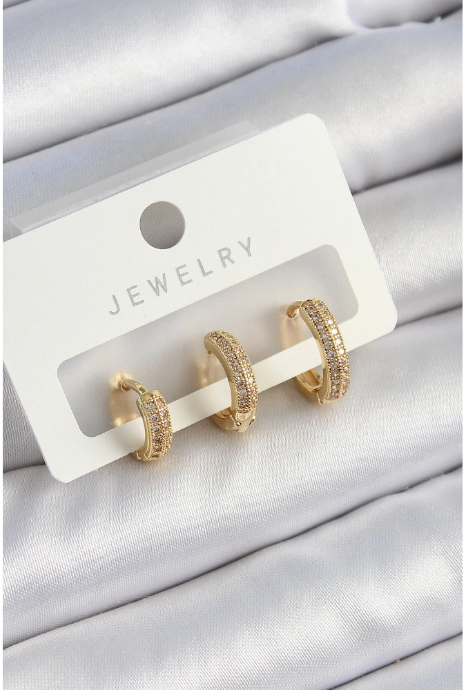 Shoecide Pirinç Zirkon Taşlı Yıldız Model Gold Renk 3lü Çift Kadın Küpe Set